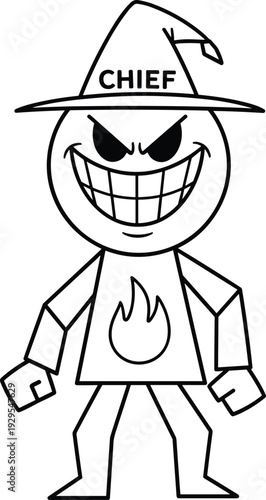 Cartoon illustration of mischievous character with large round head, toothy grin, pointed hat labeled chief, flame shirt design, bold mascot artwork concept