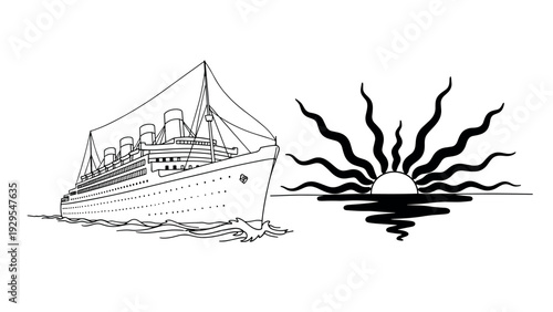 cruise ship and stylized sun set in black and white hand drawn line art style