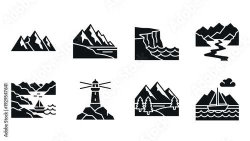 hand drawn mountain and lighthouse icon set with lake river waterfall and sailboat silhouettes
