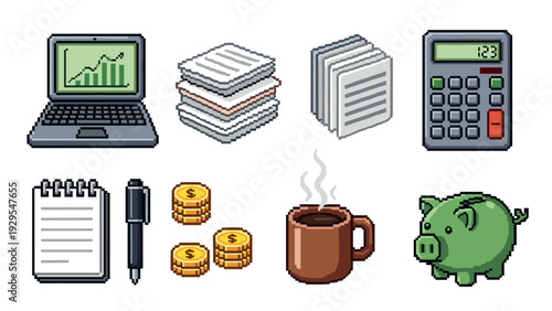 pixel art office and finance icon set with laptop calculator money and coffee cup in retro style