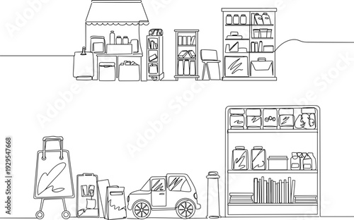 Monoline illustration of a small market scene with shelves, car, shopping bags, and art supplies on a transparent background