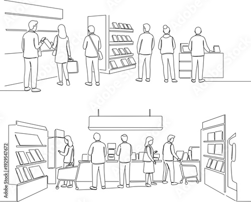 Monoline illustration of people shopping in a store during Black Friday on a transparent background with shelves, counter, and various shoppers in casual attire.