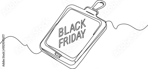 Monoline illustration of a smartphone displaying Black Friday promotions on a transparent background with minimalistic design and clean lines