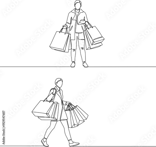 Monoline illustration of two shoppers carrying bags during Black Friday sales on a transparent background