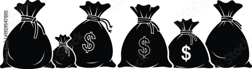 Black and white illustration of money bags with dollar signs