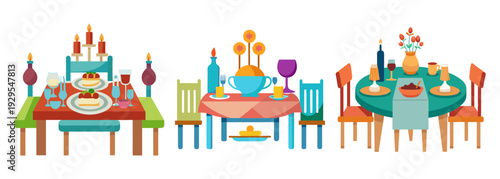 Joyful family dinner scene with colorful table setting and chairs