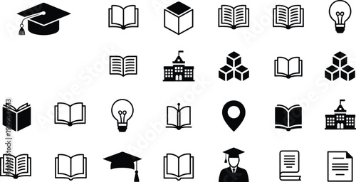 Collection of Education and Learning Icons Including Books Graduation Caps and Buildings open book mortarboard