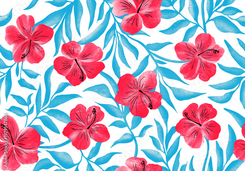 Tropical hibiscus flowers and blue leaves isolated, transparent background PNG