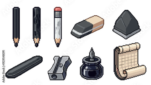 pixel art collection of drawing pencils erasers sharpener ink bottle and parchment in hand drawn style