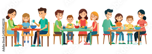 Happy diverse family enjoying a meal together at a table