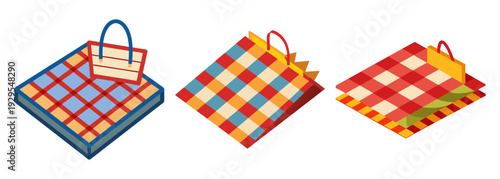 Three colorful picnic blankets ready for outdoor adventures