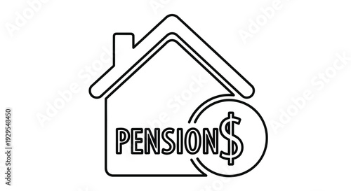 Line drawing of a house with a dollar sign and the word pension inside