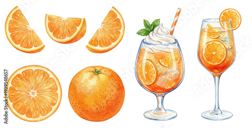 A charming watercolor collection of fresh oranges and citrus drinks, featuring sliced wedges, whole fruit, iced spritz, and mint garnish.