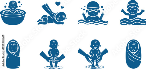 Blue icons depicting various swimming and surfing activities