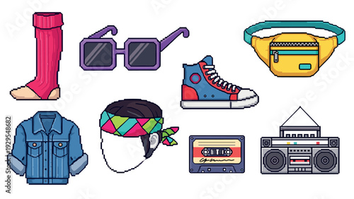 retro 80s fashion accessories set in pixel art style with leg warmers sunglasses sneakers denim jacket bandana cassette and boombox