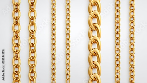 Six gleaming gold chains of varying link sizes suspended vertically