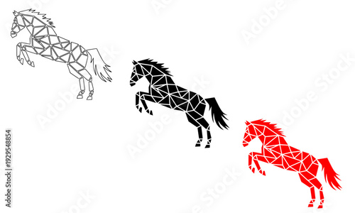 Rearing horse low poly triangle mosaic icon set in red, black, and outline styles, dynamic polygonal stallion illustration perfect for equestrian, sport, and logo designs