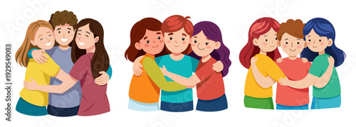 Diverse group of friends hugging with warmth and joy