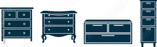 Illustration of four different types of dressers and chest of drawers