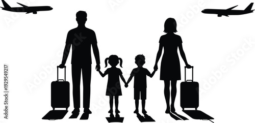 Family Travel Silhouette with Suitcases at Airport Departure, Parents and Children Holding Hands with Airplanes Overhead, Vacation Journey Concept Illustration on White Background