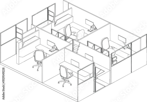 Architectural isometric office floor plan with individual cubicle workspaces desks chairs and partitioned room layout