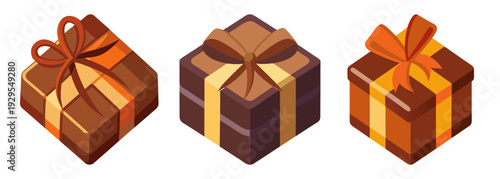 Three wrapped chocolate gifts with ribbons displayed