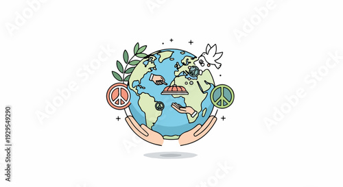 Illustration of a globe cradled by hands with peace, recycling, and nature symbols around it on a white background.