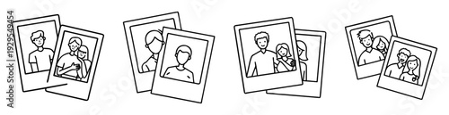 Black and white line art illustration of stacked instant family photograph prints