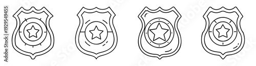 Four variations of a police badge with star, outlined vector style