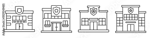 Set of line art illustrations of police station building architecture
