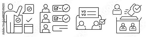 Simple line art illustrations depicting different aspects of the voting process