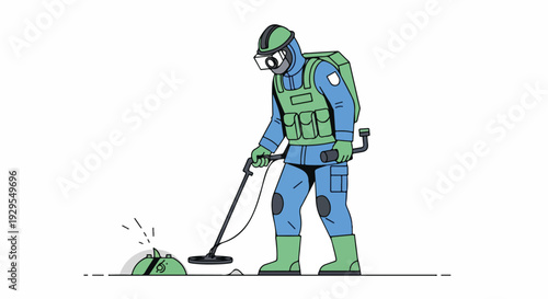 A cartoon hazmat-suited worker in green and blue protective gear using a decontamination device on a hazmat bag with a solid white background.