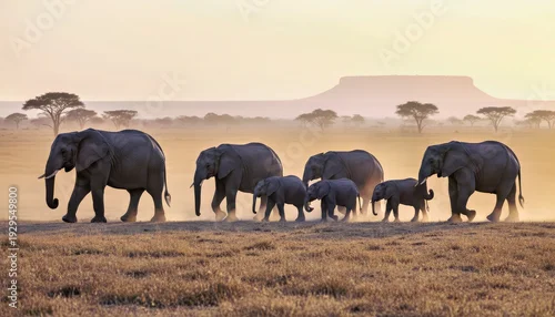 Fototapeta African Elephant Family Walking Across Golden Savanna Landscape