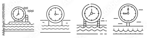Four clocks situated over water each displaying a different time with waves