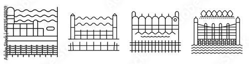 Four variations of a simplified schematic dam with water and gates