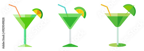 Three green cocktails with lime garnish and straws isolated