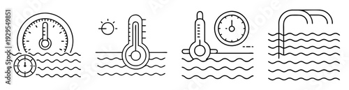 Different types of water temperature measurement instruments with waves and sun isolated