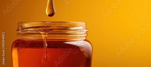 Honey in a glass jar with a drop hanging by a thread