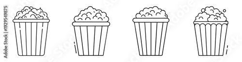 Four popcorn containers with varying degrees of popcorn in line art style
