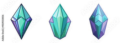 Three shiny teal and purple gemstones isolated art