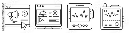 digital marketing and medical technology devices with electrocardiogram screens black and white