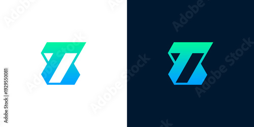 Abstract geometric letter T logo design with gradient blue green and white accents on contrasting backgrounds