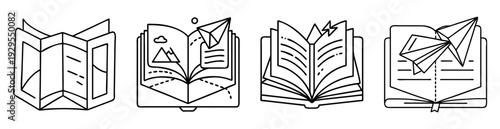 Vector set of travel and literature icons with books and illustrations