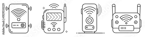 Wireless communication device icons set featuring transmission signals and interface elements