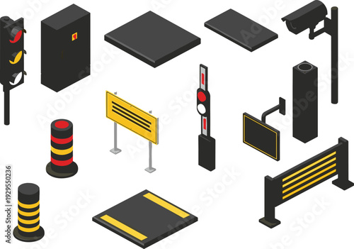 Isometric illustration set of urban traffic and road safety elements including traffic lights, barriers, bollards, surveillance camera, speed bump, gate arm, and control box icons