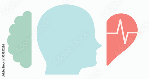 Mental health, heart, brain, man, intelligence, balance, wellness, doctor, feeling, emotion, mindfulness, human, head, positive, medicine, mind, therapy, healthy. Icon, vector, balance