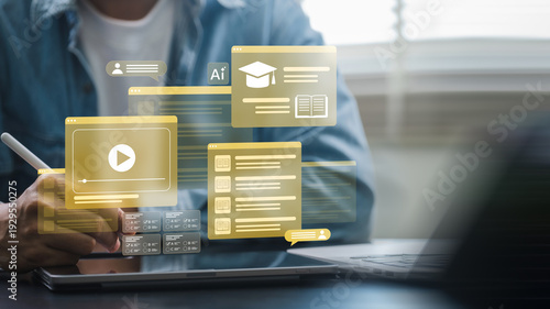 Foto Ai online learning platform for digital education, student using tablet at home,