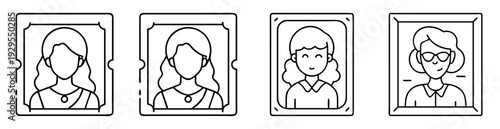 Four framed portraits of women with different hairstyles and expressions drawn in line art