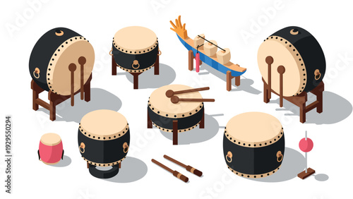 set of traditional Japanese taiko drums and musical instruments isometric hand drawn illustration for cultural music design