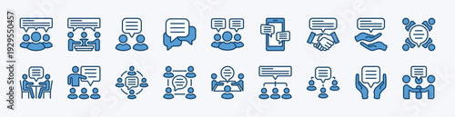 Set of opinion and insight of group people icon. Contains discussion, communication, comment, dialogue, advice, conversation, chatting social media, conference, meeting - vector illustration